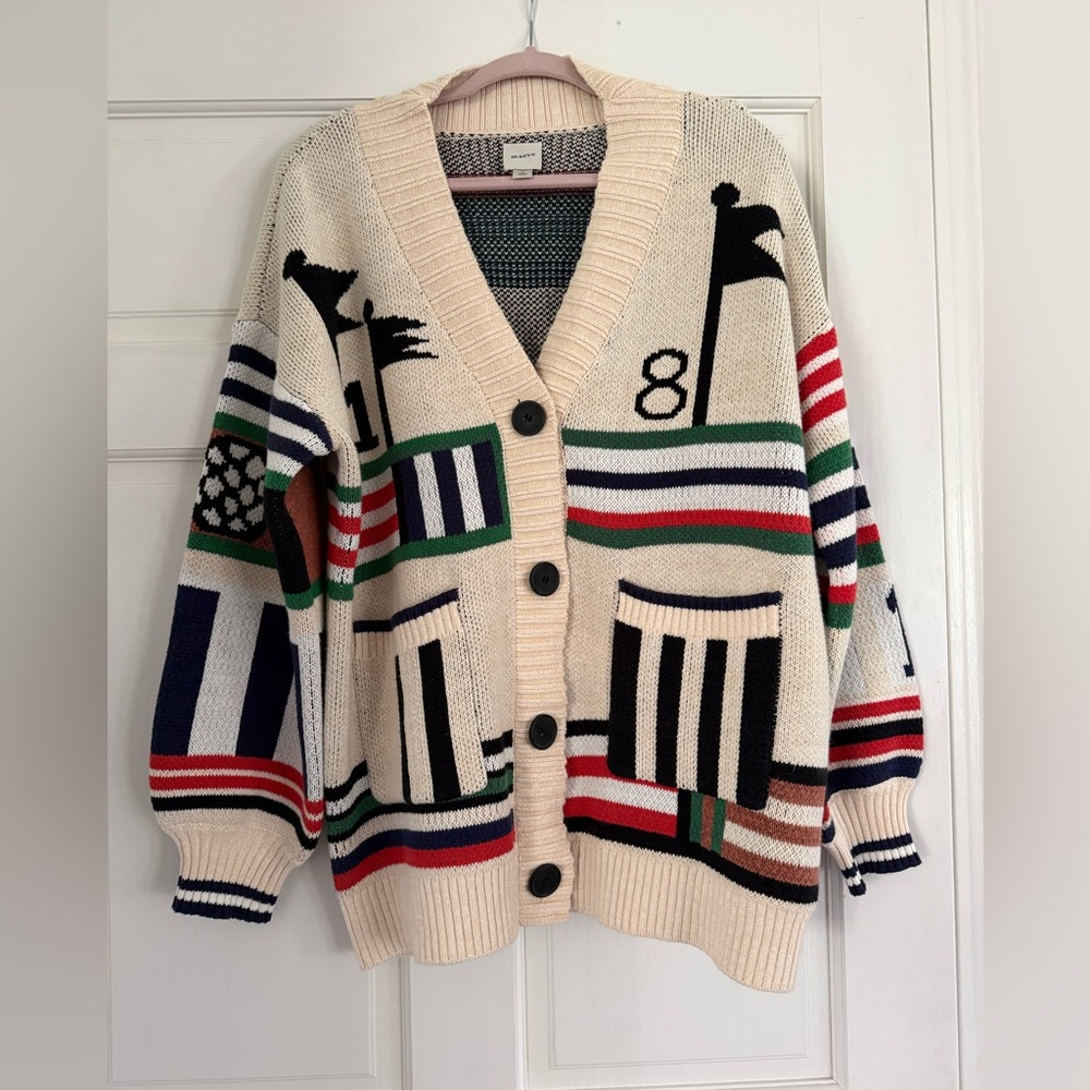 Maeve Cream Knit Cardigan with Red, Green, Navy & Black Stripes